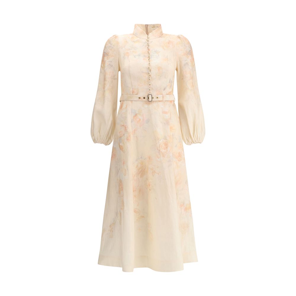 Zimmermann Multicolor Linen Casual Dress with floral design, pearl buttons, and adjustable belt for an elegant and feminine look.