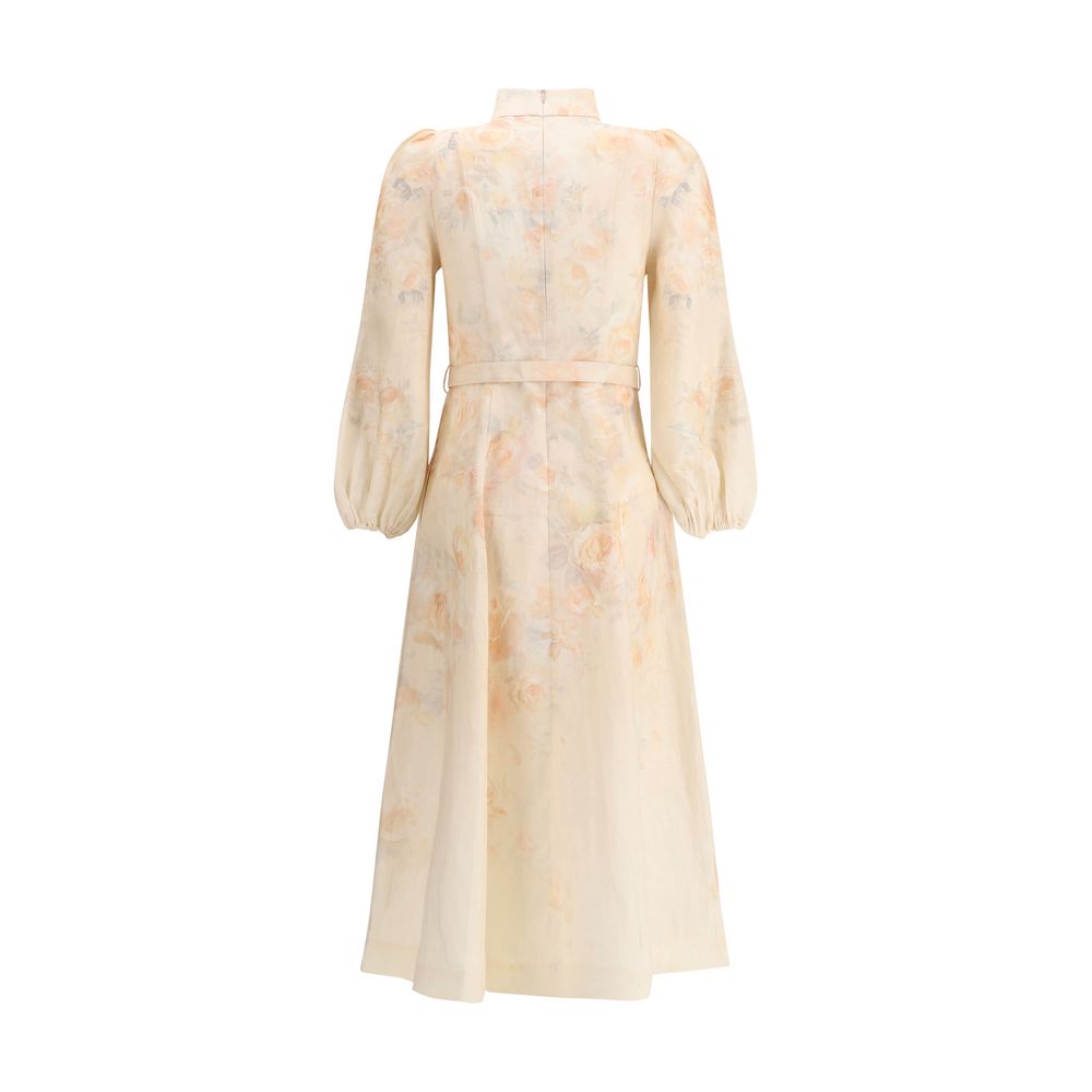 Zimmermann Multicolor Linen Casual Dress with floral pattern, adjustable belt, and buff shoulders, showcasing elegant style and sophistication.