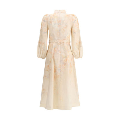 Zimmermann Multicolor Linen Casual Dress with floral pattern, adjustable belt, and buff shoulders, showcasing elegant style and sophistication.