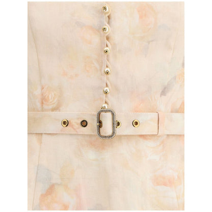 Zimmermann Multicolor Linen Casual Dress with pearl buttons and adjustable belt showcasing floral design.
