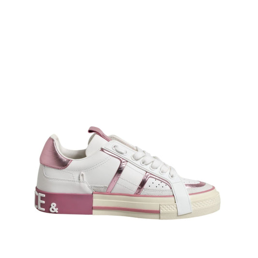 Dolce & Gabbana White Pink Leather Low Top Sneakers Shoes LA12765-38.5