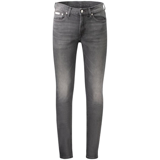 Calvin Klein Black Cotton Men's Slim Taper Jeans with washed effect and five-pocket design.