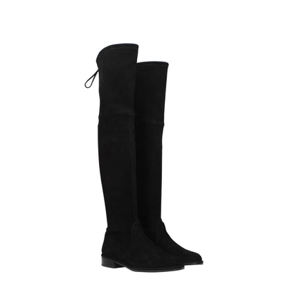 Stuart Weitzman Black Leather Over The Knee suede boots with self-tie closure, round toe, rubber sole, and low flat heel.