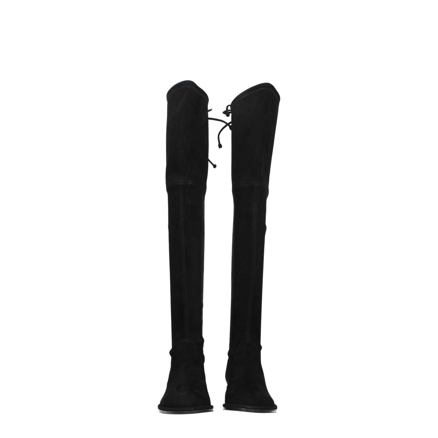 Stuart Weitzman Black Leather Over The Knee boots with self-tie closure and round toe in suede material. Style: Casual, Low flat heel.