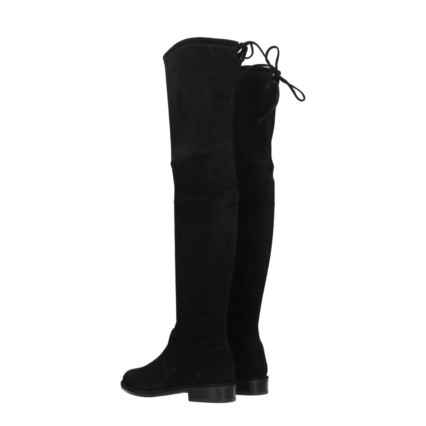 Stuart Weitzman Black Leather Over The Knee boots, featuring suede material and low, flat heel, with self-tie closures and round toe design.