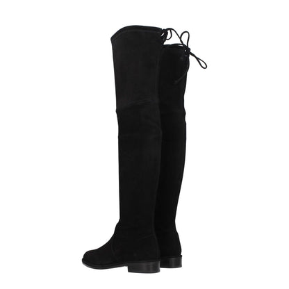 Stuart Weitzman Black Leather Over The Knee boots, featuring suede material and low, flat heel, with self-tie closures and round toe design.