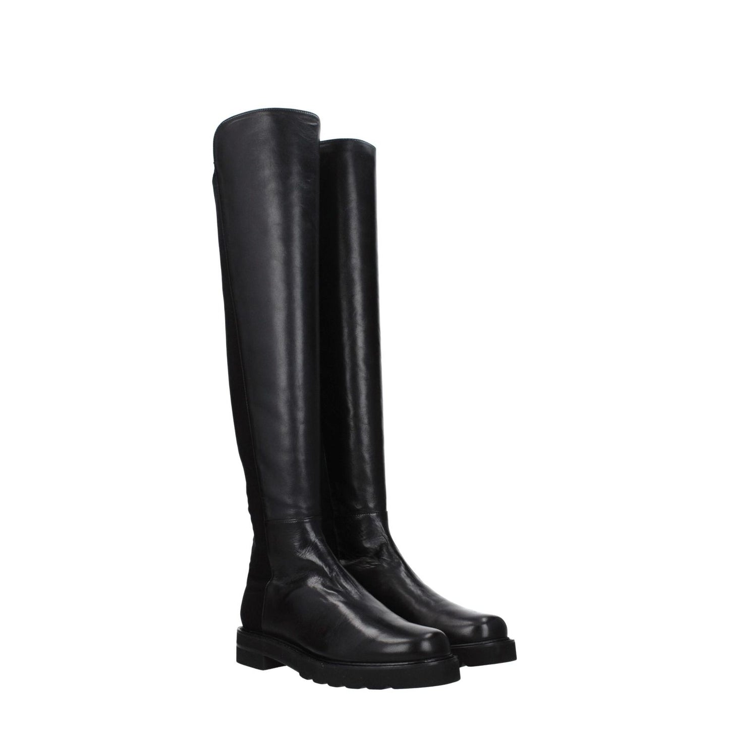 Stuart Weitzman Black Leather Over The Knee boots, featuring a round toe and mid heels. Casual style with aged effect, rubber sole.