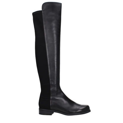 Stuart Weitzman Black Leather Over The Knee boots with vintage effect, round toe, low flat heel, and rubber sole for casual style.