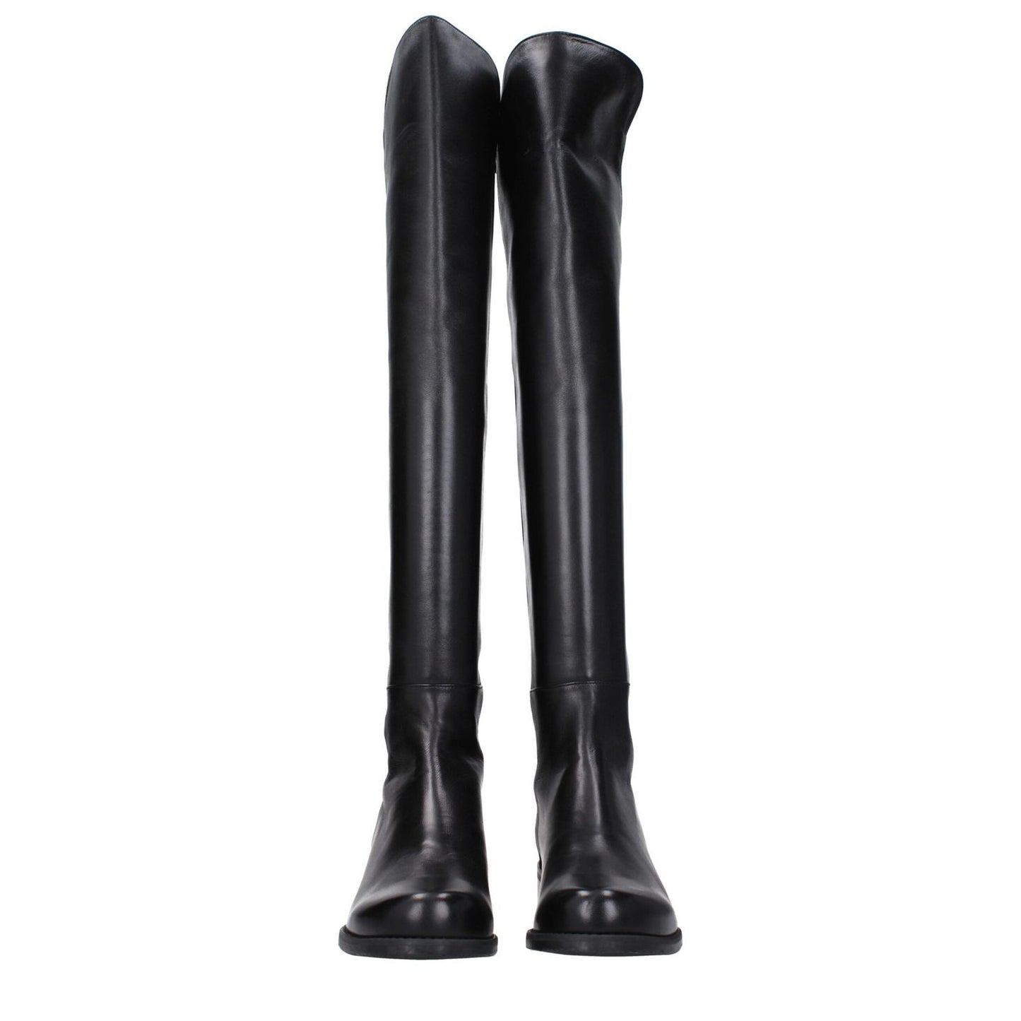 Stuart Weitzman Black Leather Over The Knee vintage effect casual round toe boots with rubber sole.