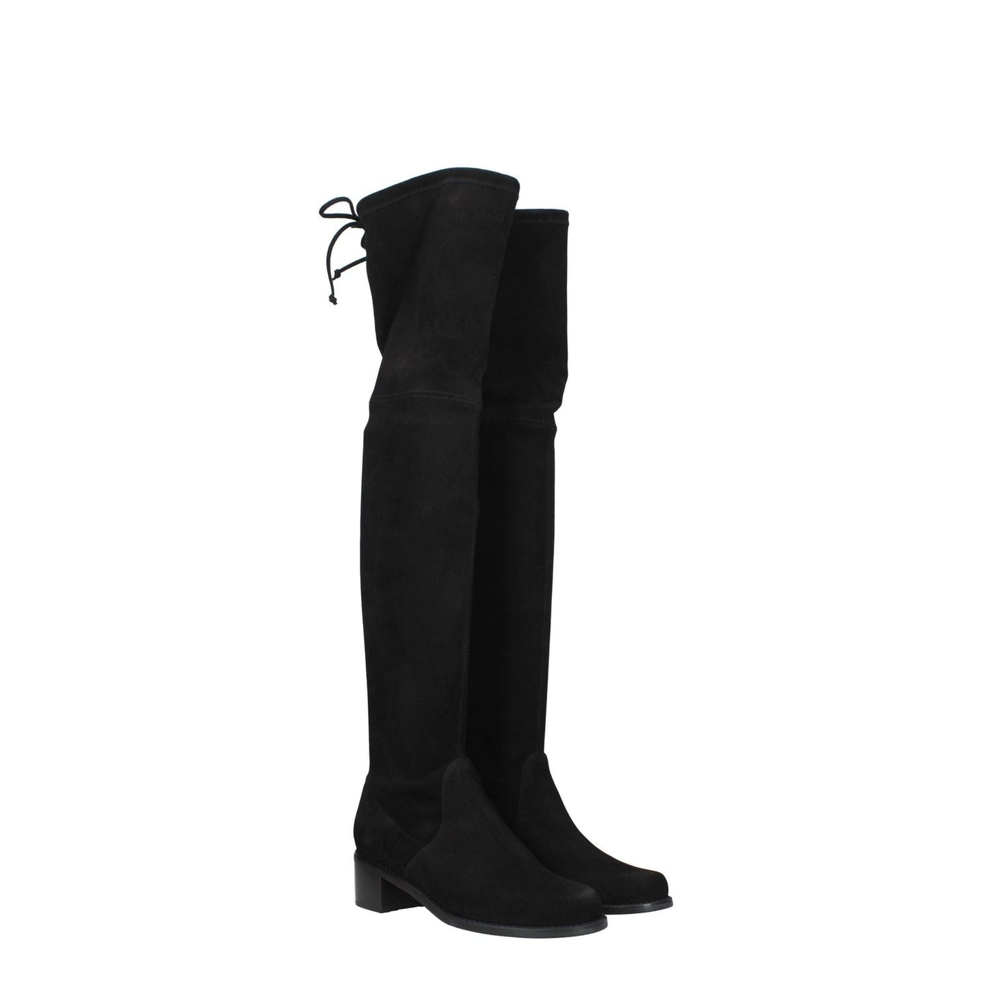 Stuart Weitzman Black Leather Over The Knee boots featuring suede material and mid heels with a round toe and vintage effect.
