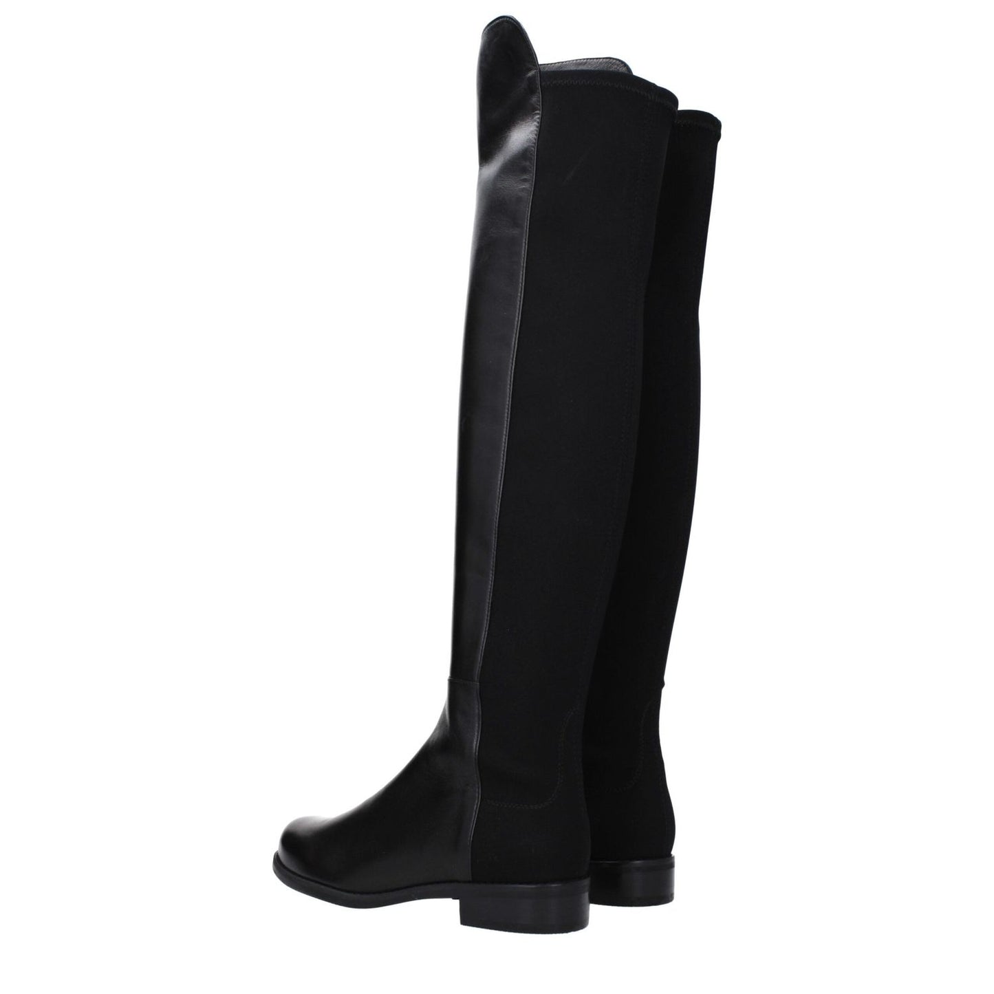 Stuart Weitzman Black Leather Over The Knee boots in round toe, low flat heel, with vintage effect design.