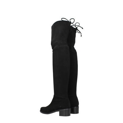 Stuart Weitzman Black Leather Over The Knee boots with aged and vintage effect, mid heel, rubber sole, and round toe design.
