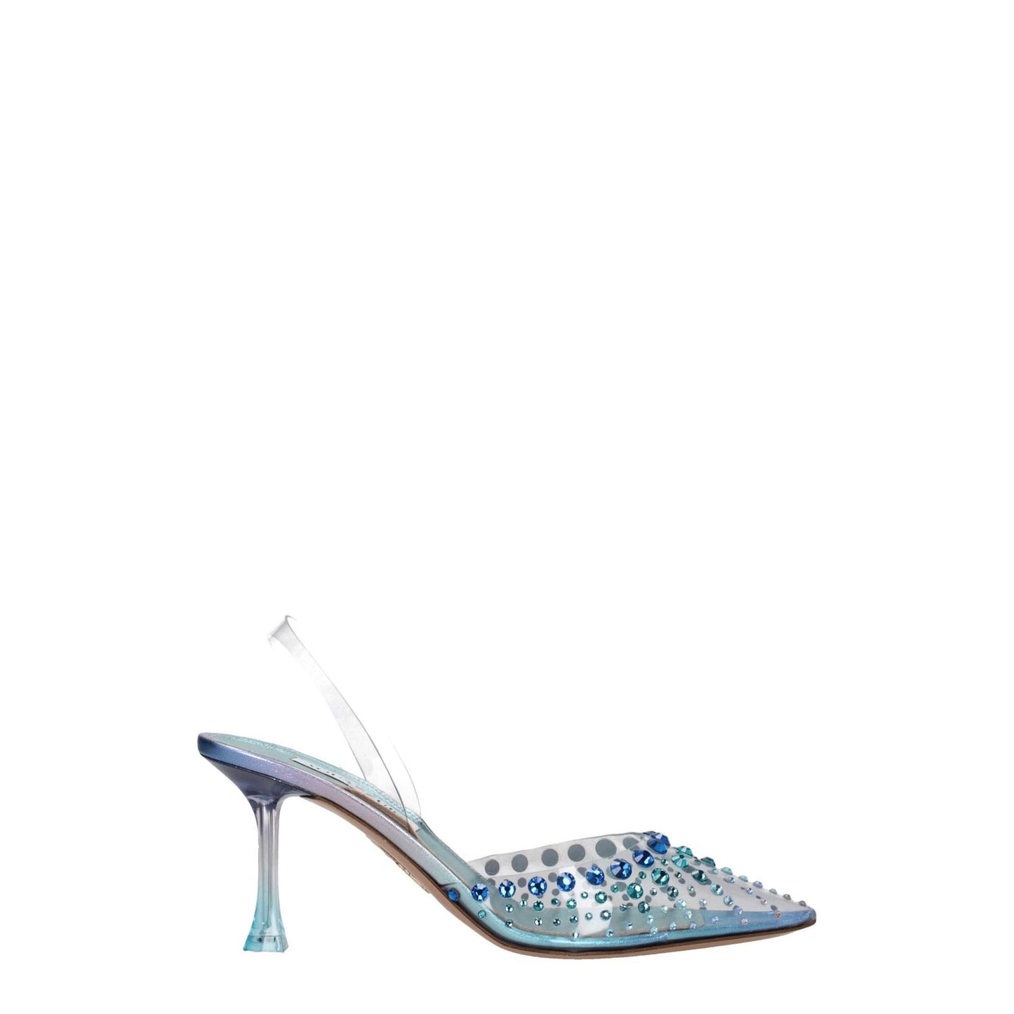 Aquazzura Transparent Pvc Stiletto Heel Sandals with rhinestones and pointy toe, 7.5 cm mid heels, stylish PVC and leather design.
