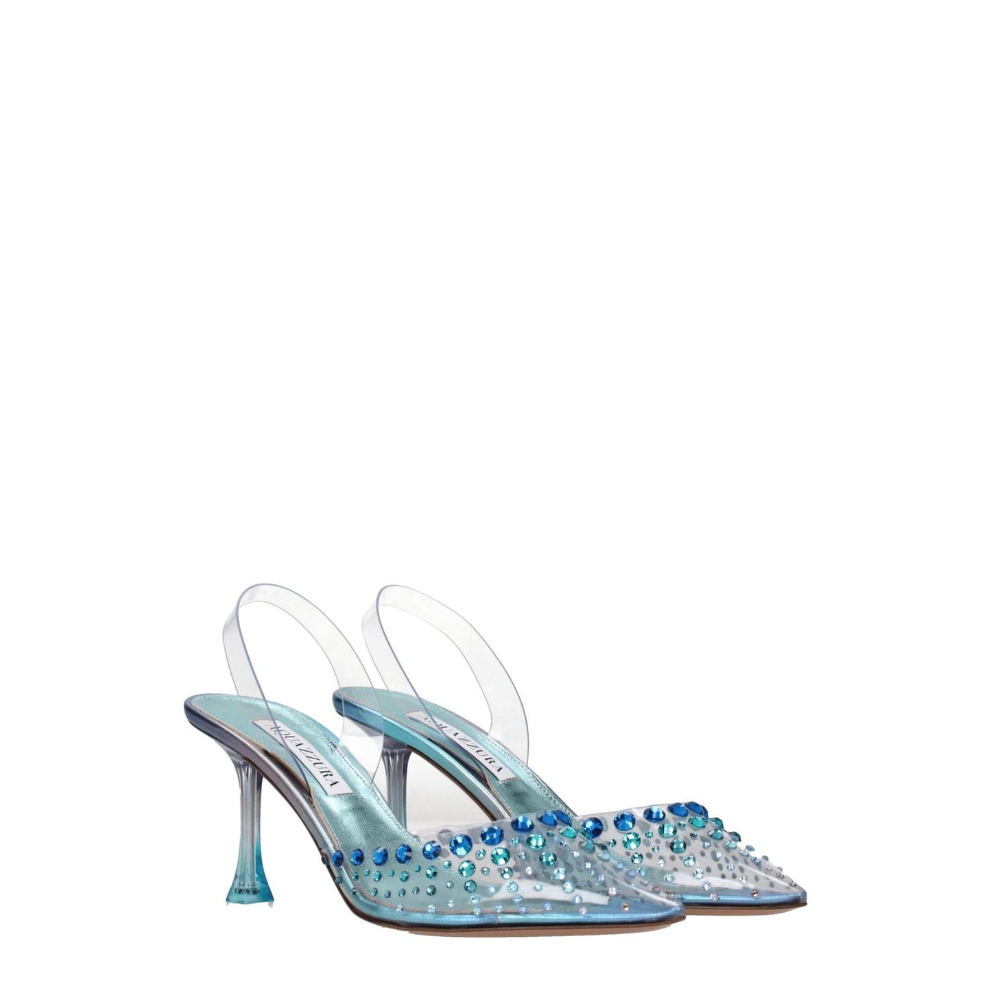 Aquazzura Transparent Pvc Stiletto Heel Sandals with rhinestones, featuring a pointy toe and mid heels in sky blue.