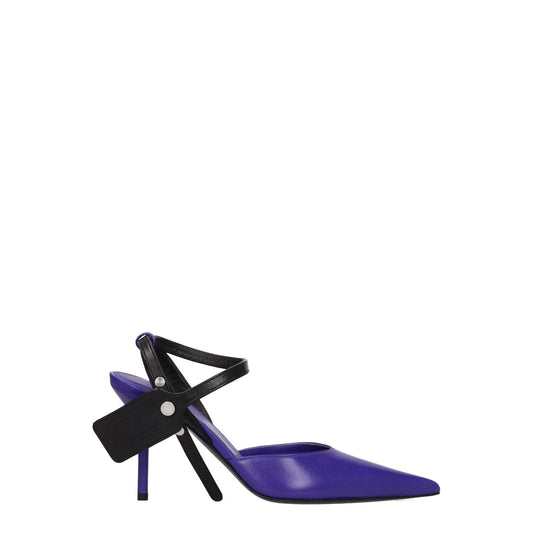 Off-White Purple Leather High Heel Pumps with pointy toe and button closure, featuring side logo and leather sole. MPN: OWII007LEA0013510.