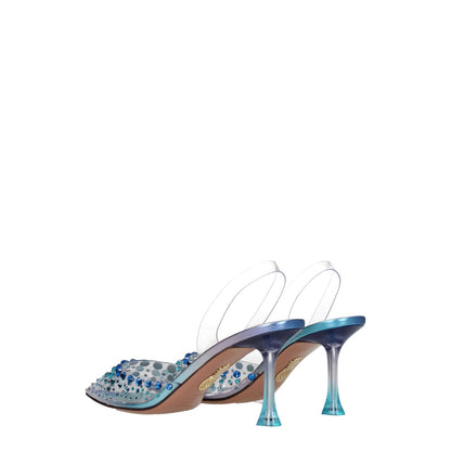 Aquazzura Transparent Pvc Stiletto Heel Sandals with rhinestones, pointy toe, and leather sole in sky color with mid heels.