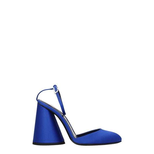 The Attico Blue Satin Platform Sandals with buckle closure and high heels, featuring a leather sole and round toe design.