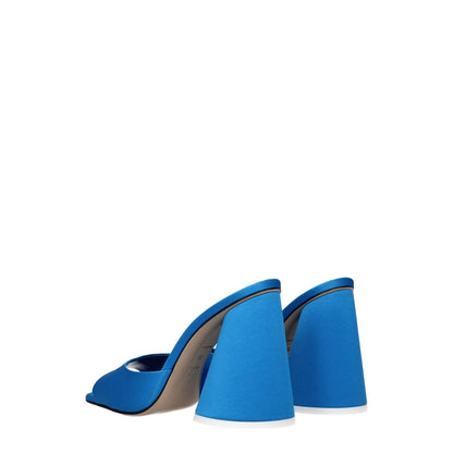 The Attico Light Blue Satin Platform Sandals with high heel and open toe design, featuring leather sole and turquoise accents.