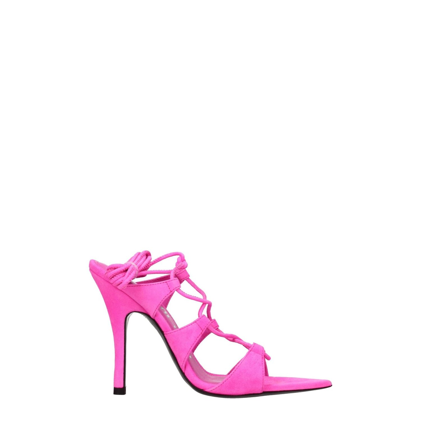 The Attico Pink Leather Stiletto Heel Sandals in fuchsia suede with self-tie closures and pointy toe, 10.5 cm high heels.
