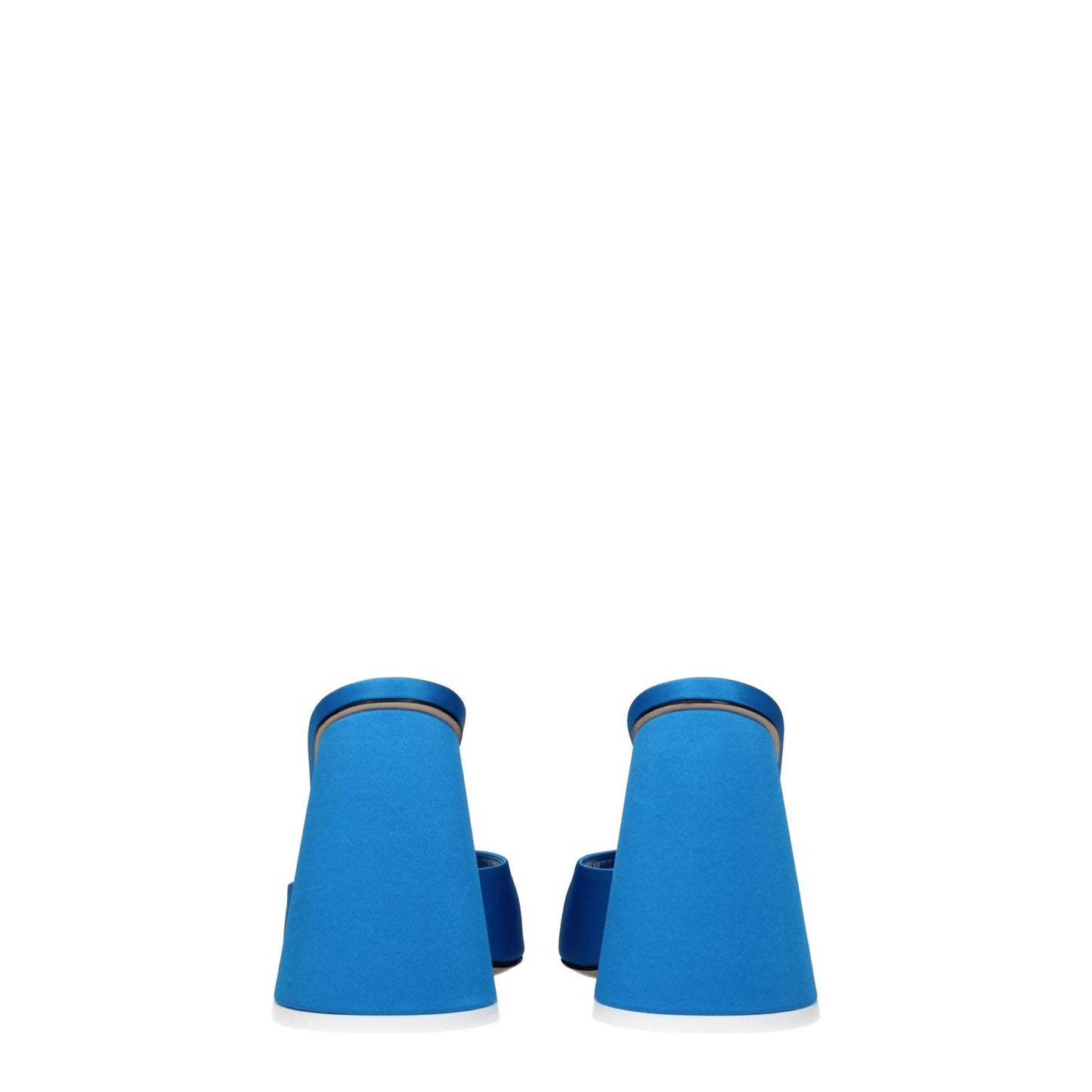 The Attico Light Blue Satin Platform Sandals showing high heel design and open toe style, crafted from satin with leather sole.