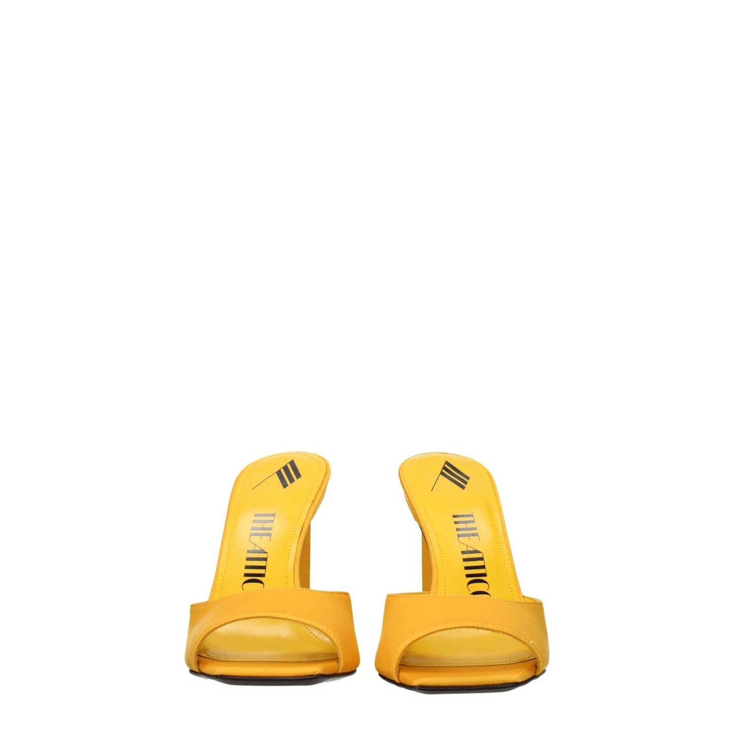 The Attico Orange Satin Stiletto Heel Sandals with rhinestone detail, open toe design, and high heels, 10cm, casual style.