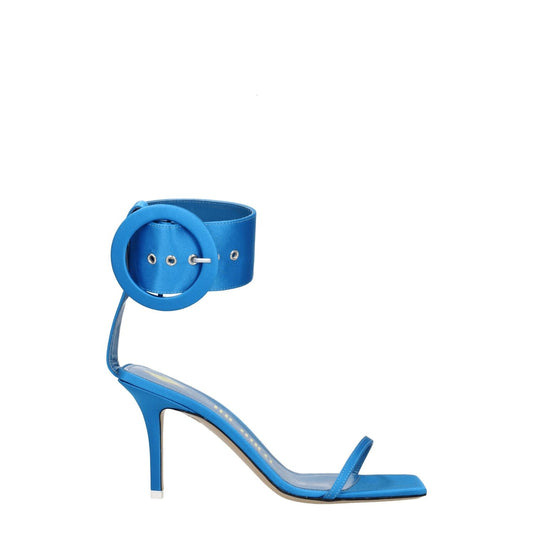 The Attico Light Blue Satin Stiletto Heel Sandals with buckle closure and open toe, leather sole, 8.5 cm mid heel, and turquoise accent.
