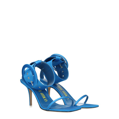 The Attico Light Blue Satin Stiletto Heel Sandals with buckle closure and open toe design, featuring leather sole and mid heel height of 8.5 cm.