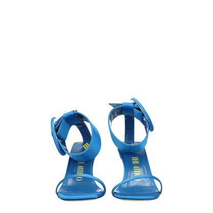 The Attico Light Blue Satin Stiletto Heel Sandals with open toe and buckle closure, made from satin and leather, shown from front view.