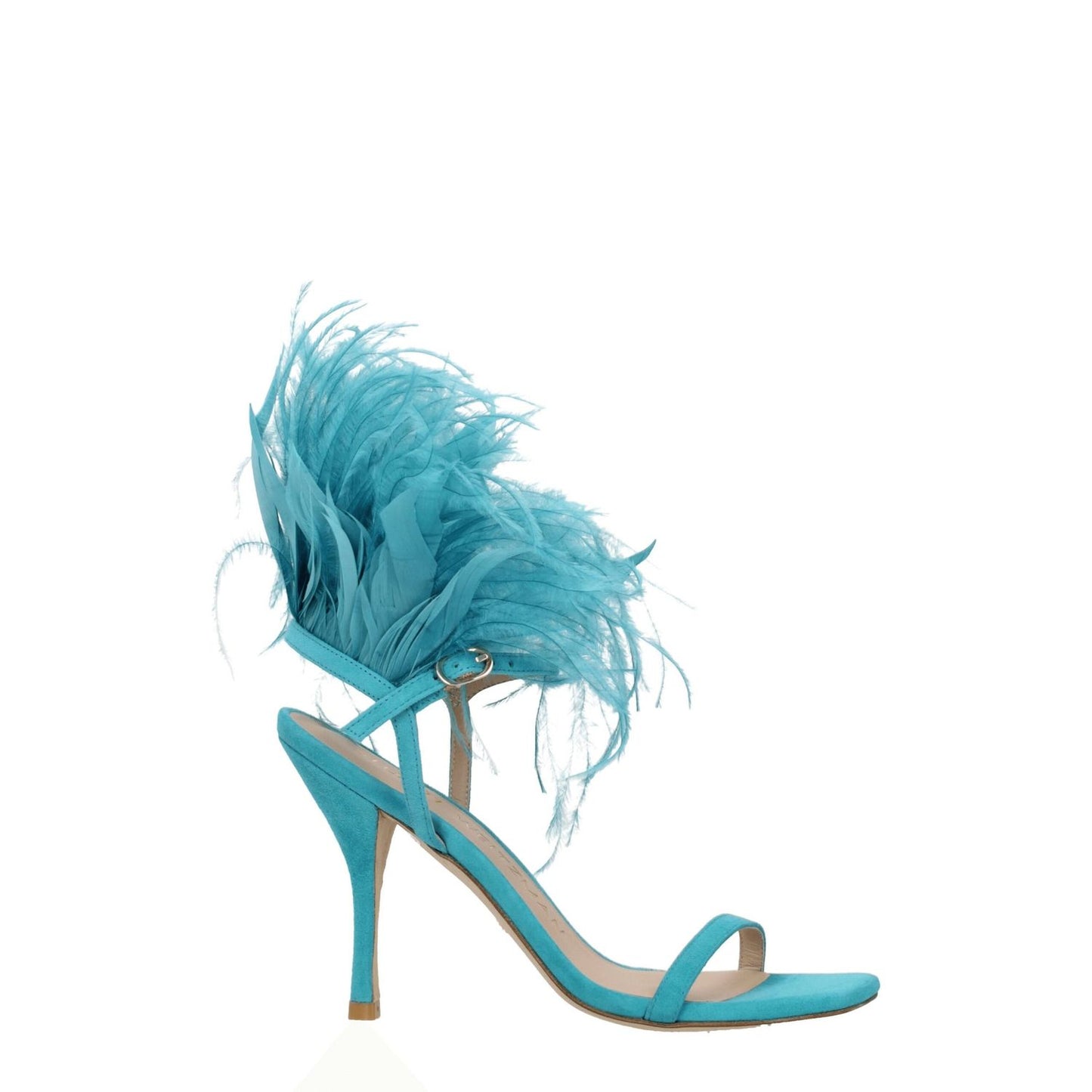 Stuart Weitzman Green Leather Stiletto Heel Sandals with feather detail, suede upper, 10 cm high heel, and buckle closure.