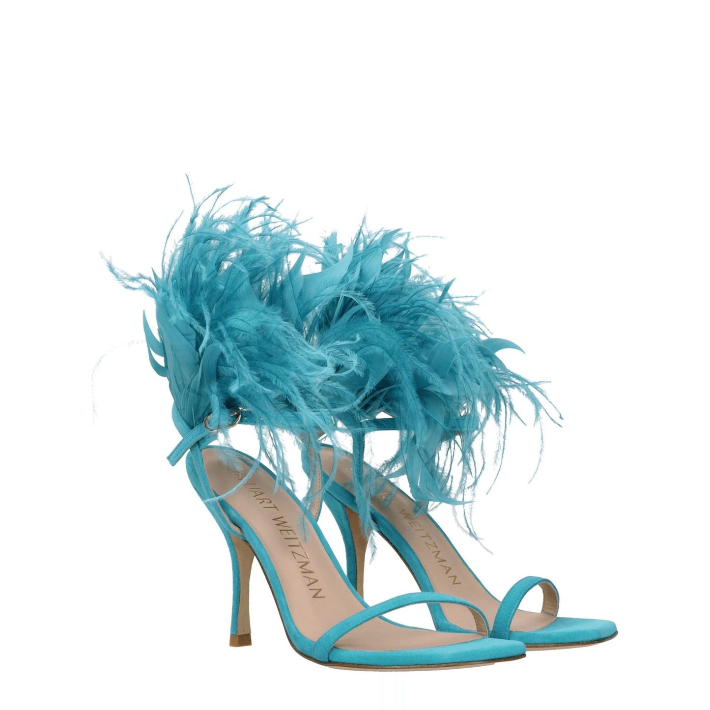 Stuart Weitzman Green Leather Stiletto Heel Sandals with feather accents, 10 cm high heel, open toe, suede, buckle closure.