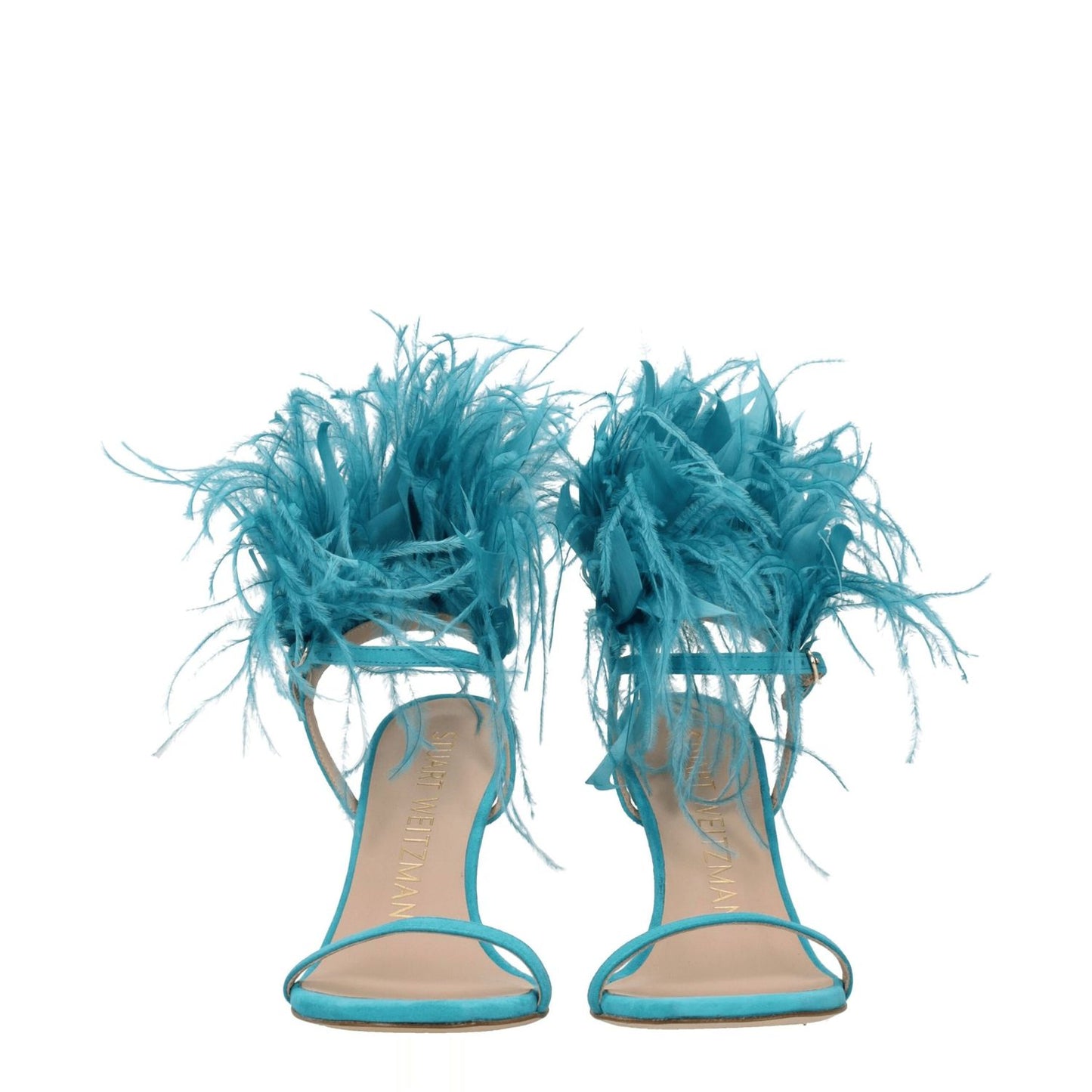 Stuart Weitzman Green Leather Stiletto Heel Sandals with feather detail and buckle closure, high heel, open toe, and leather sole