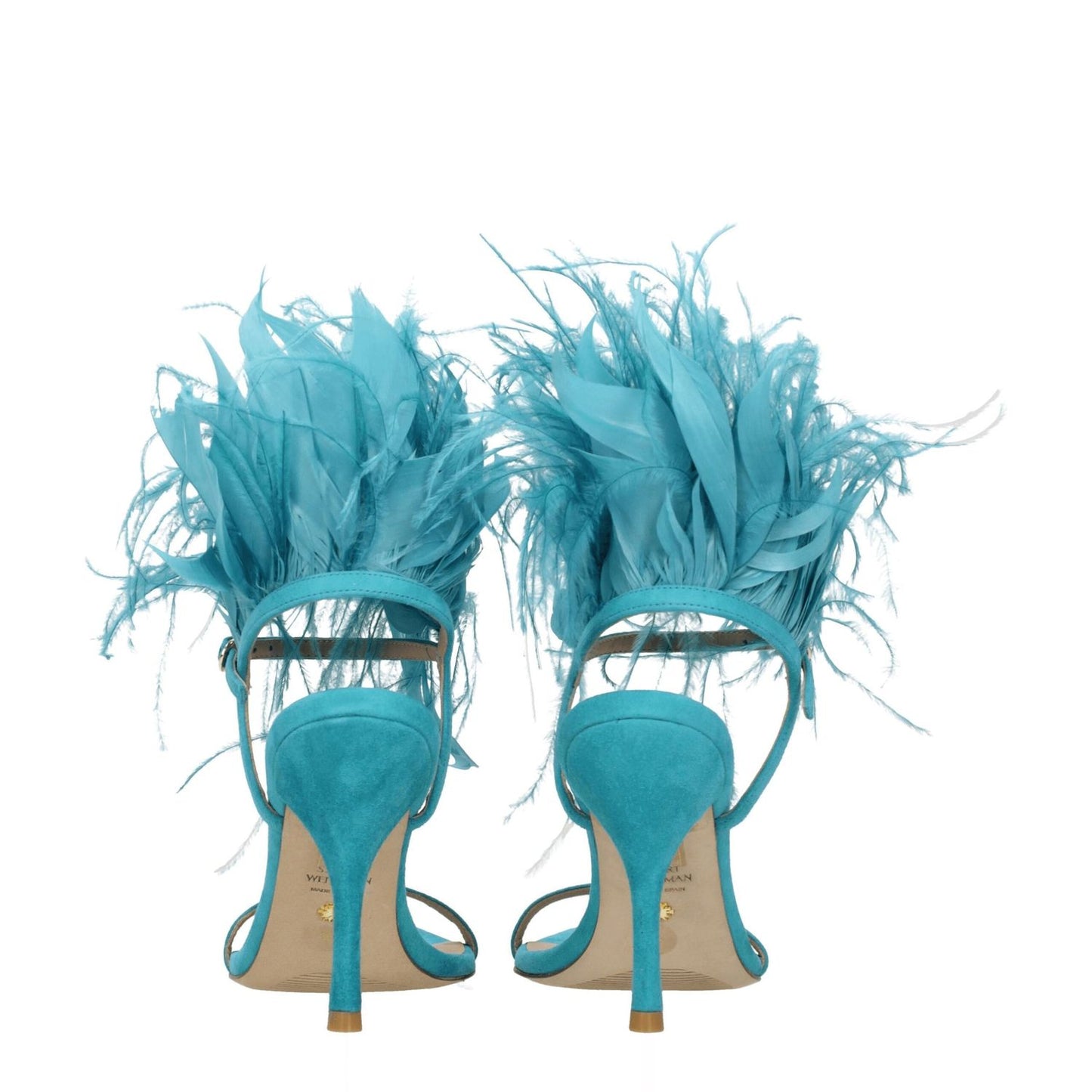 Stuart Weitzman Green Leather Stiletto Heel Sandals, back view, crafted in suede, with buckle closure and high heel, featuring open toe design.
