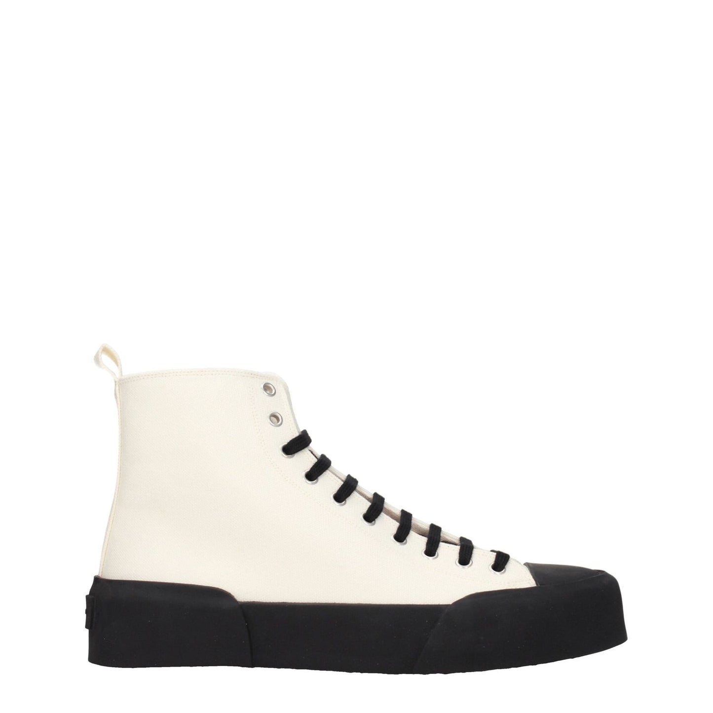 Jil Sander Beige Fabric High Top Sneakers with black sole, sporty glam style, lace-up closure.