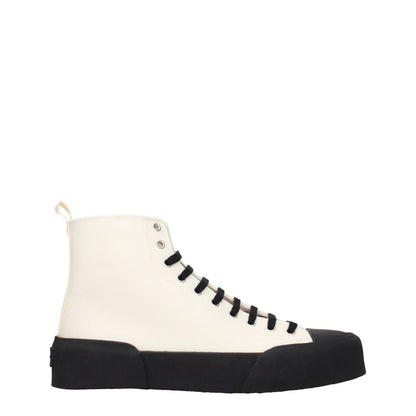 Jil Sander Beige Fabric High Top Sneakers with black sole, sporty glam style, lace-up closure.