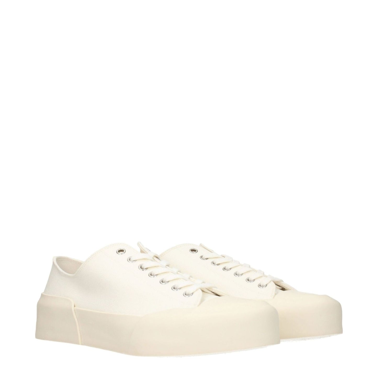 Jil Sander Beige Fabric Low Top Sneakers with rubber sole, sporty glam style, lace-up closure, round toe, and ivory accents.