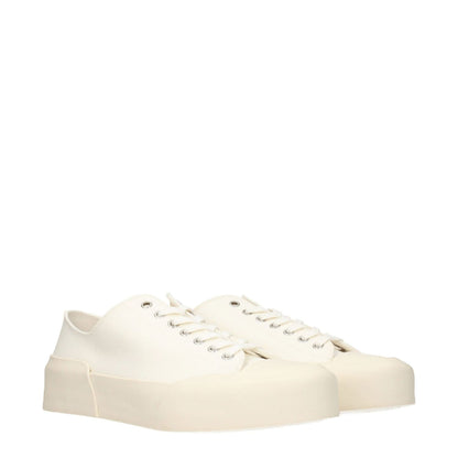 Jil Sander Beige Fabric Low Top Sneakers with rubber sole, sporty glam style, lace-up closure, round toe, and ivory accents.