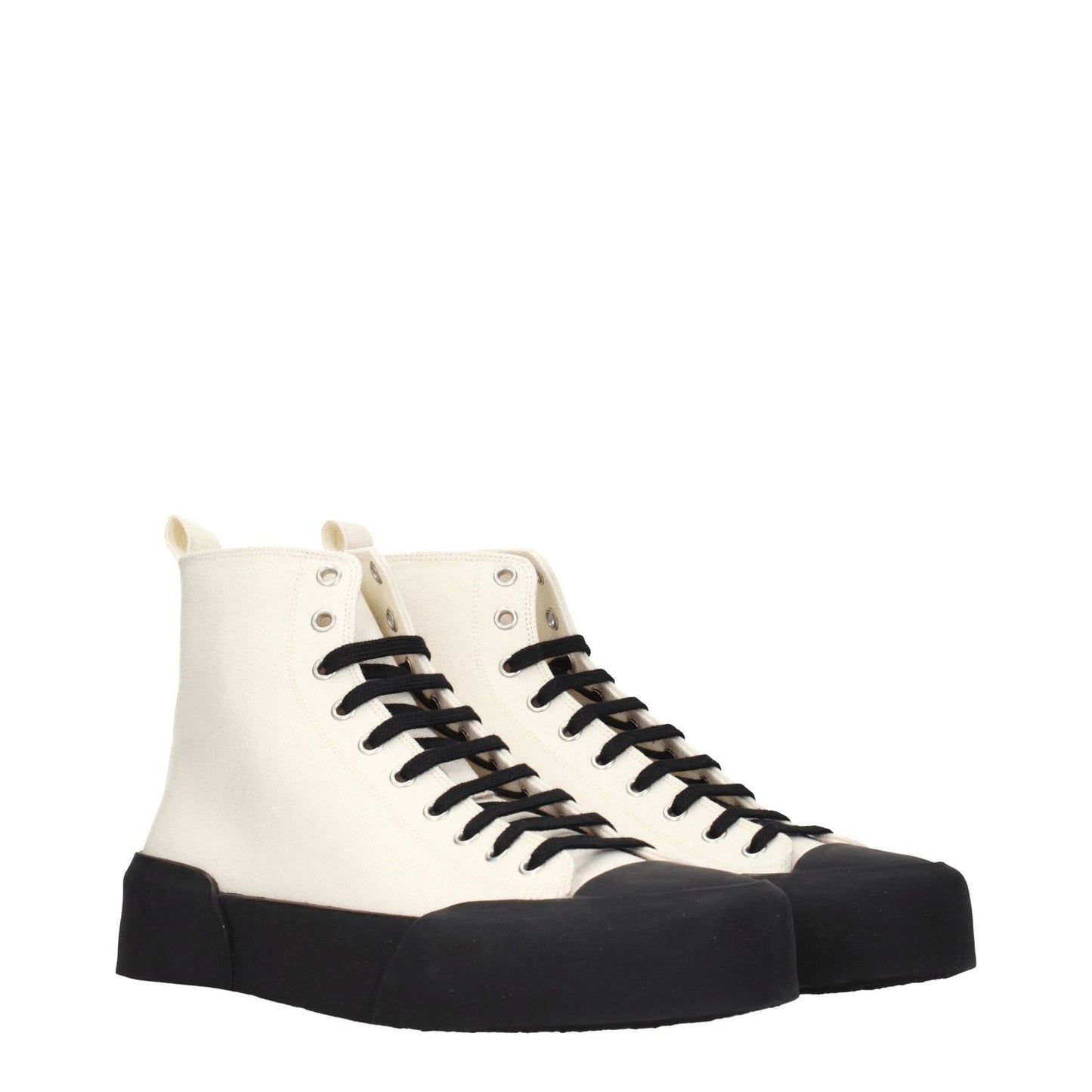 Jil Sander Beige Fabric High Top Sneakers with black rubber soles and back logo design, featuring lace-up closure and round toe.