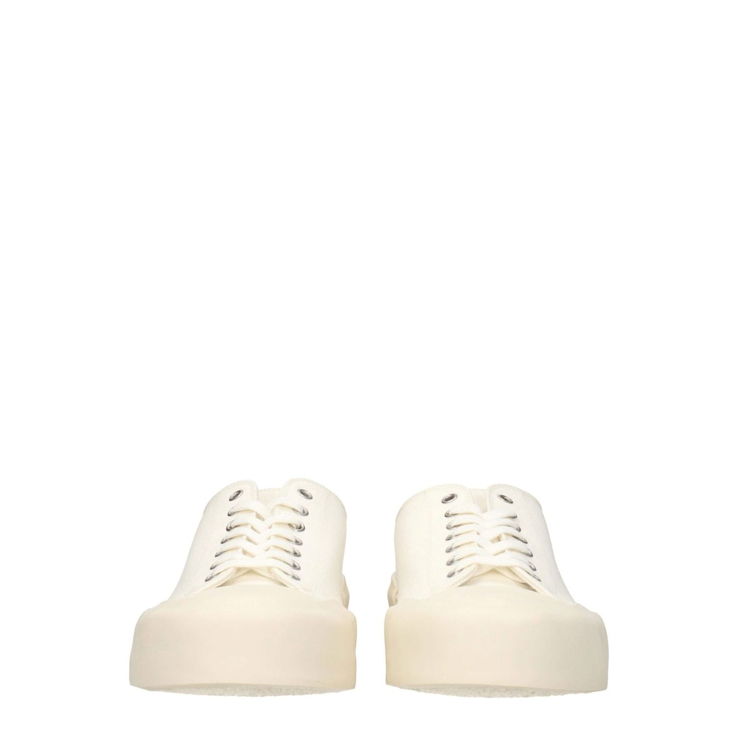 Jil Sander Beige Fabric Low Top Sneakers with lace-up closure, sporty glam style, and rubber sole, featuring a mid heel and round toe.