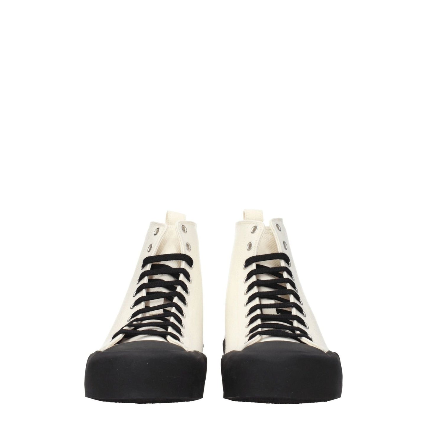 Jil Sander Beige Fabric High Top Sneakers with lace-up closure and black accents.