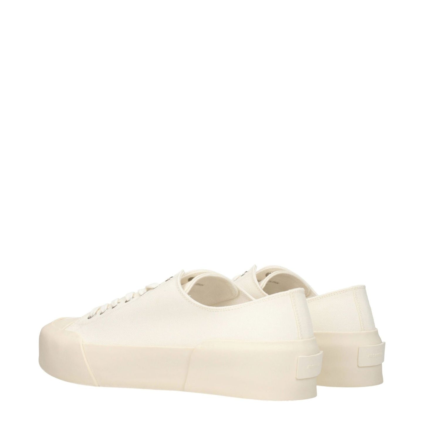 Jil Sander Beige Fabric Low Top Sneakers featuring fabric upper, lace-up closure, round toe, and rubber sole.