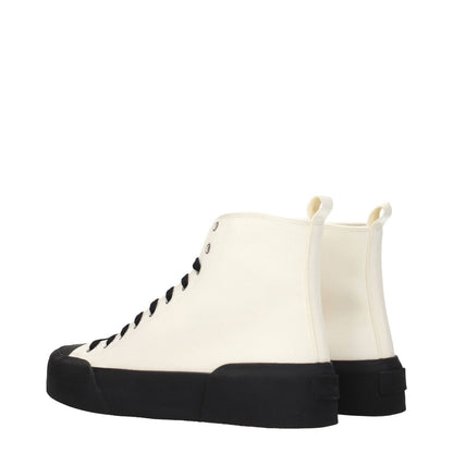 Jil Sander Beige Fabric High Top Sneakers with black rubber sole and lace-up closure, featuring back logo. Stylish and sporty design.