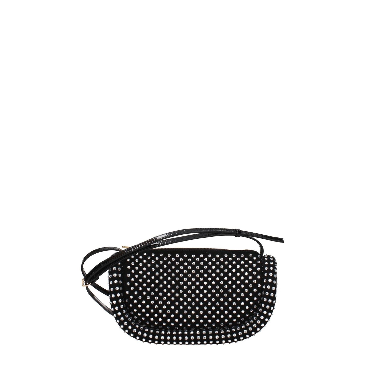 Jw Anderson Black Leather Crossbody Bag with rhinestones and gold accents, small size, zip closure, 42 cm handle, and 100 cm strap.