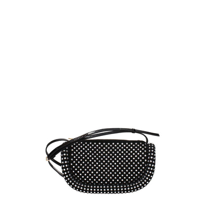 Jw Anderson Black Leather Crossbody Bag with rhinestones and gold accents, small size, zip closure, 42 cm handle, and 100 cm strap.