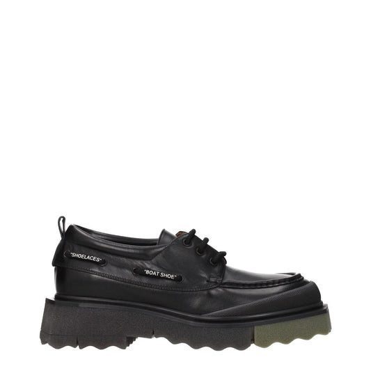 Off-White Black Leather Slip-On Loafers with vintage effect, lace up design, rubber sole, mid heels, and military green accents.
