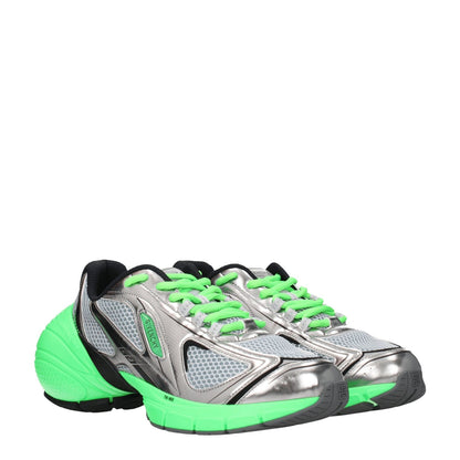 Givenchy Gray Fabric Athletic Sneakers with silver design, mid heels, and green accents, featuring leather and rubber materials.
