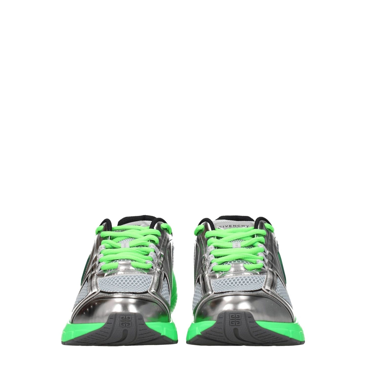 Front view of Givenchy Gray Fabric Athletic Sneakers with green accents, lace-up closure, and mid heels.