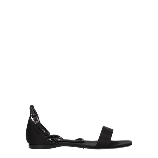 Max Mara Black Satin Flat Sandals with buckle closure and open toe design, made from satin with a leather sole, low flat heel.