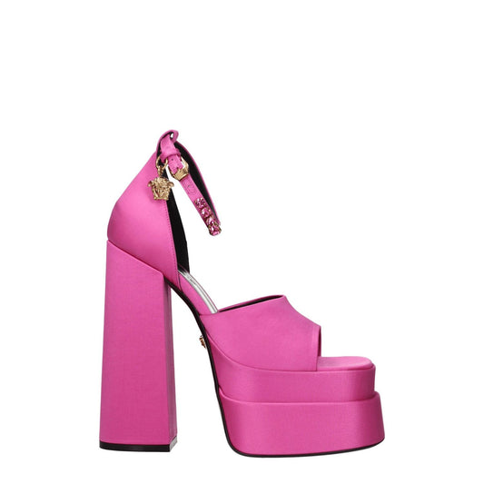 Versace Pink Satin Platform Sandals with high heel, rhinestone buckle closure, and open toe design.