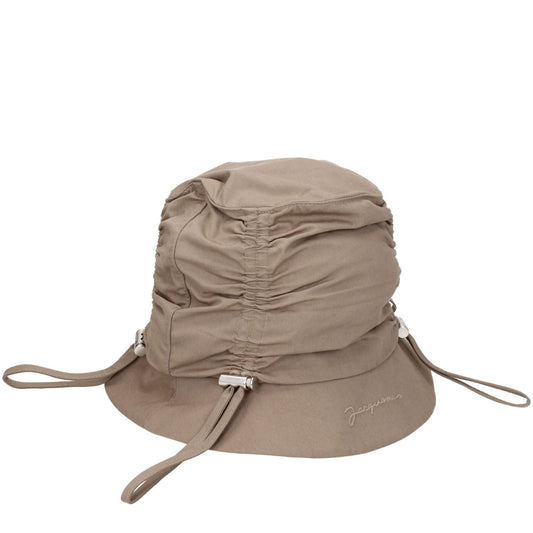 Jacquemus Beige Cotton Bucket Hat with front logo, casual style, 75% cotton, 25% polyamide, dark beige color accent, MPN 235AC4705047150.