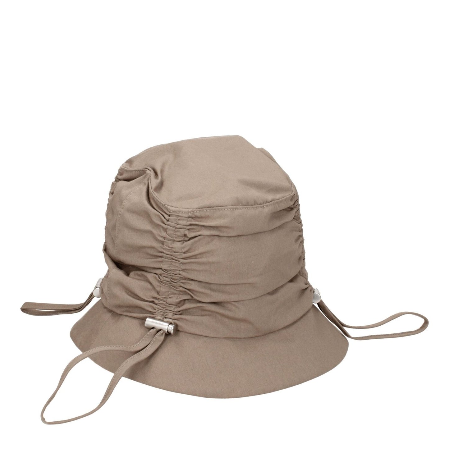 Jacquemus Beige Cotton Bucket Hat with front logo and drawstrings, casual style, made of 75% cotton, in dark beige, product code F76828.